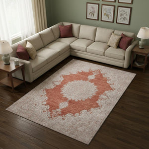 HomeRoots 9' X 12' Stylish Rust and Beige Oriental Washable Area Rug with UV Protection for High-Traffic Spaces 678909
