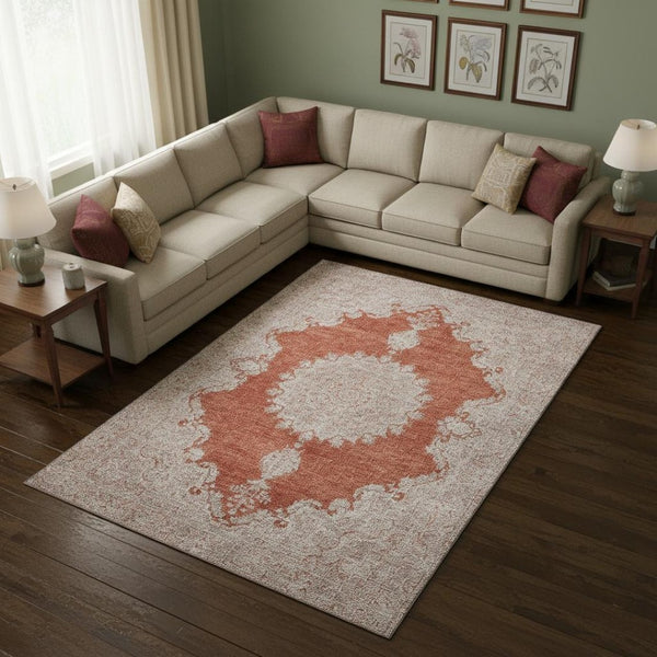 HomeRoots 9' X 12' Stylish Rust and Beige Oriental Washable Area Rug with UV Protection for High-Traffic Spaces 678909