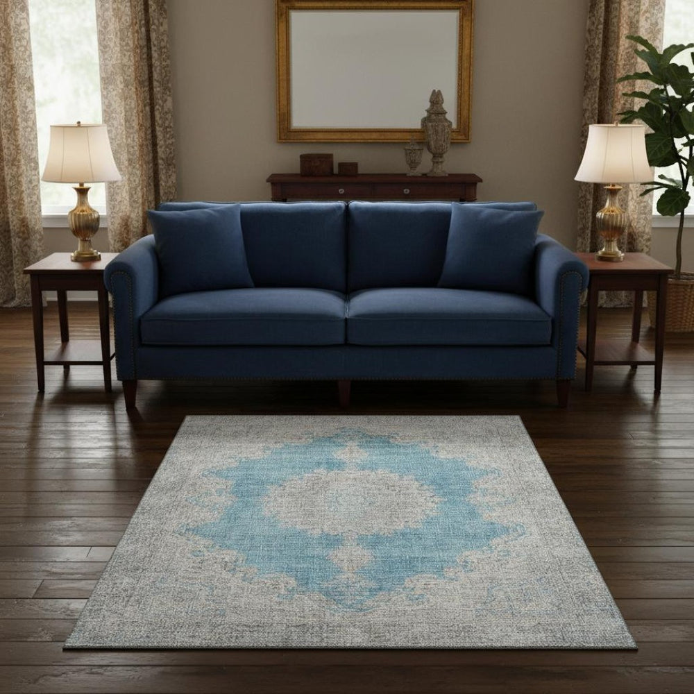 HomeRoots 5' X 8' Teal Aqua & Gray Oriental Washable Area Rug – Durable, Stain Resistant with UV Protection! 678912