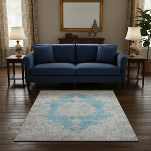 HomeRoots 5' X 8' Teal Aqua & Gray Oriental Washable Area Rug – Durable, Stain Resistant with UV Protection! 678912