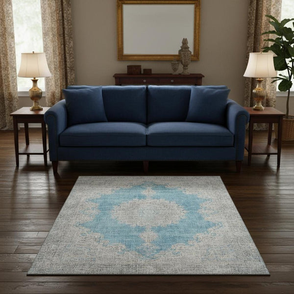 HomeRoots 5' X 8' Teal Aqua & Gray Oriental Washable Area Rug – Durable, Stain Resistant with UV Protection! 678912
