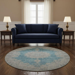HomeRoots 8' Teal Aqua and Gray Oriental Round Rug - Washable with UV Protection for High-Traffic Spaces 678913