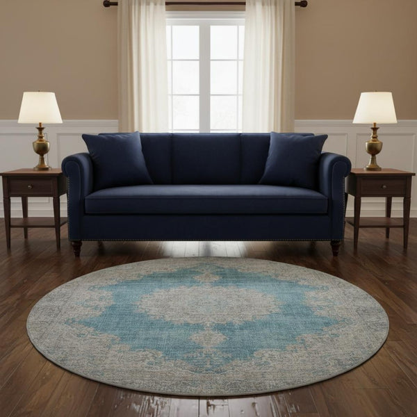 HomeRoots 8' Teal Aqua and Gray Oriental Round Rug - Washable with UV Protection for High-Traffic Spaces 678913