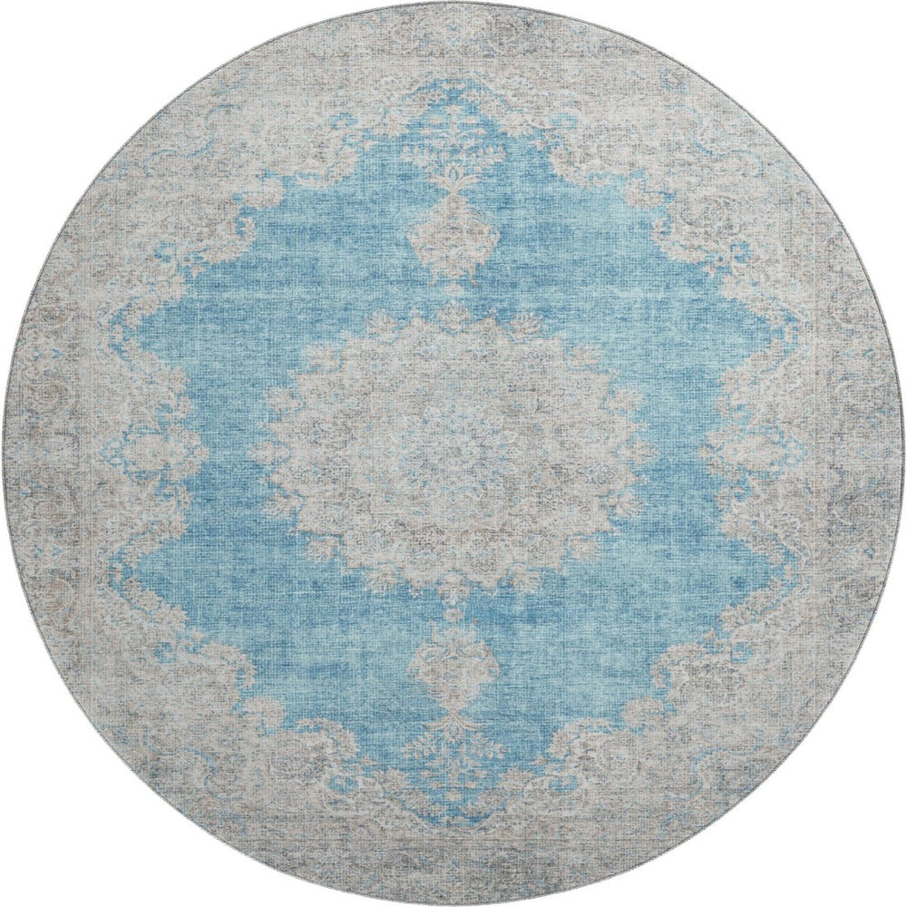 HomeRoots 8' Teal Aqua and Gray Oriental Round Rug - Washable with UV Protection for High-Traffic Spaces 678913