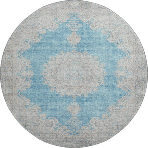HomeRoots 8' Teal Aqua and Gray Oriental Round Rug - Washable with UV Protection for High-Traffic Spaces 678913