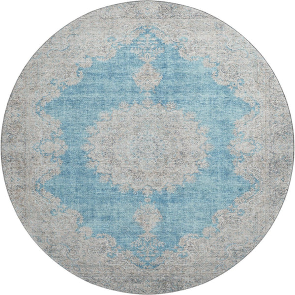 HomeRoots 8' Teal Aqua and Gray Oriental Round Rug - Washable with UV Protection for High-Traffic Spaces 678913