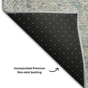 HomeRoots 8' Teal Aqua and Gray Oriental Round Rug - Washable with UV Protection for High-Traffic Spaces 678913
