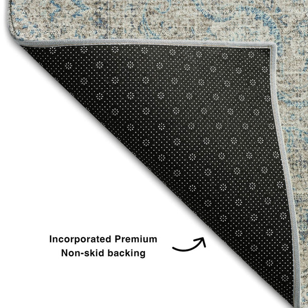 HomeRoots 8' Teal Aqua and Gray Oriental Round Rug - Washable with UV Protection for High-Traffic Spaces 678913