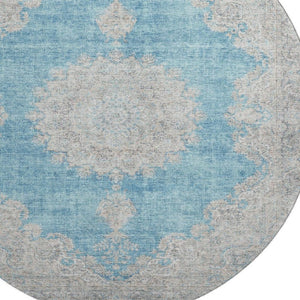 HomeRoots 8' Teal Aqua and Gray Oriental Round Rug - Washable with UV Protection for High-Traffic Spaces 678913