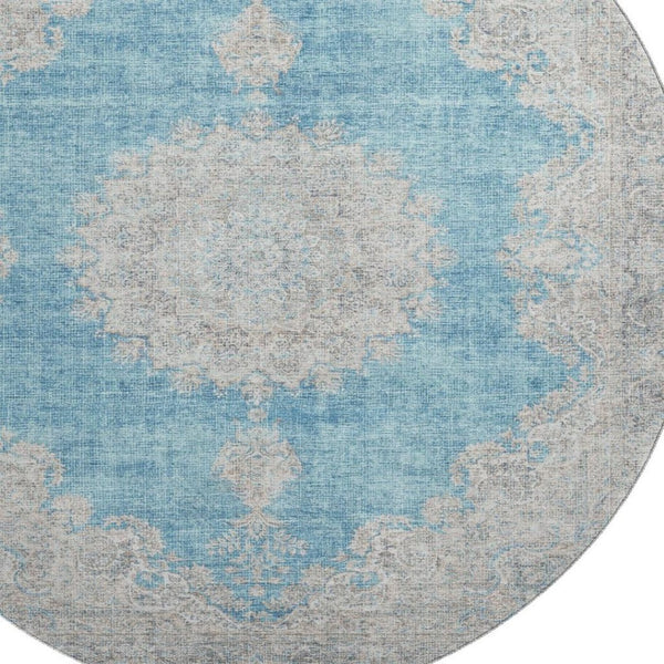 HomeRoots 8' Teal Aqua and Gray Oriental Round Rug - Washable with UV Protection for High-Traffic Spaces 678913