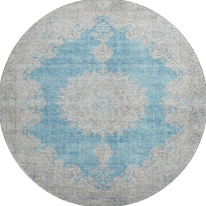 HomeRoots 8' Teal Aqua and Gray Oriental Round Rug - Washable with UV Protection for High-Traffic Spaces 678913