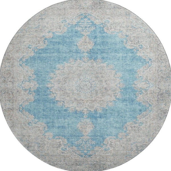 HomeRoots 8' Teal Aqua and Gray Oriental Round Rug - Washable with UV Protection for High-Traffic Spaces 678913