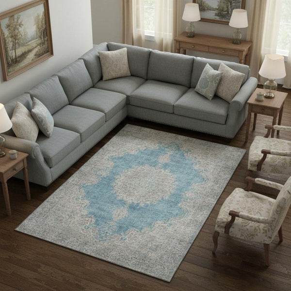HomeRoots 8' X 10' Teal Aqua & Gray Oriental Washable Area Rug - Stain-Resistant, UV-Protected for Durability 678914