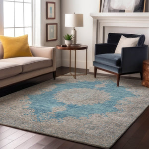 HomeRoots 8' X 10' Teal Aqua & Gray Oriental Washable Area Rug - Stain-Resistant, UV-Protected for Durability 678914