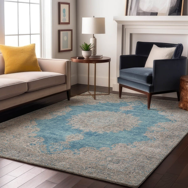 HomeRoots 8' X 10' Teal Aqua & Gray Oriental Washable Area Rug - Stain-Resistant, UV-Protected for Durability 678914