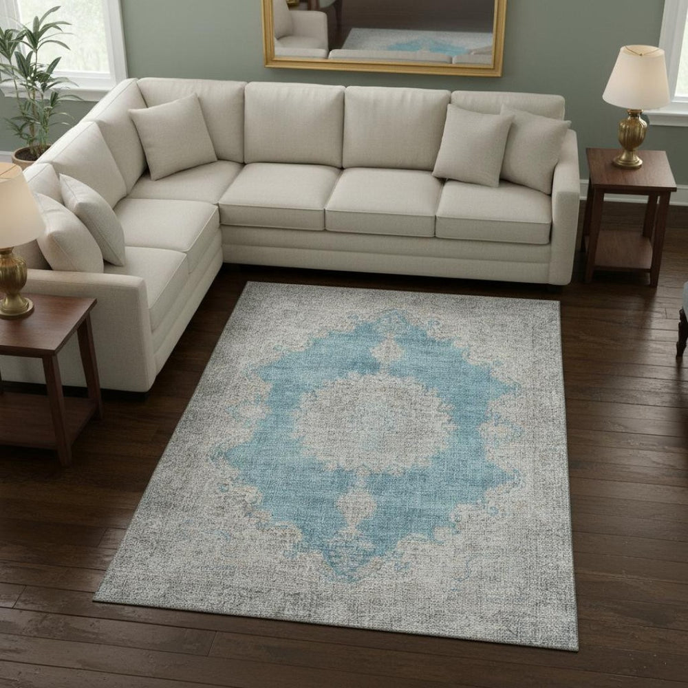 HomeRoots 9' X 12' Teal Aqua & Gray Oriental Washable Area Rug – Durable, Stylish, UV-Protected for All Spaces! 678915