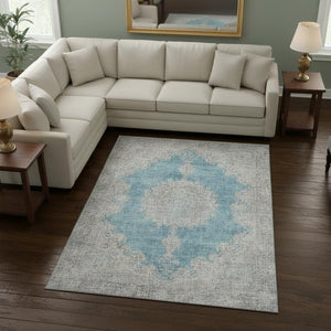 HomeRoots 9' X 12' Teal Aqua & Gray Oriental Washable Area Rug – Durable, Stylish, UV-Protected for All Spaces! 678915