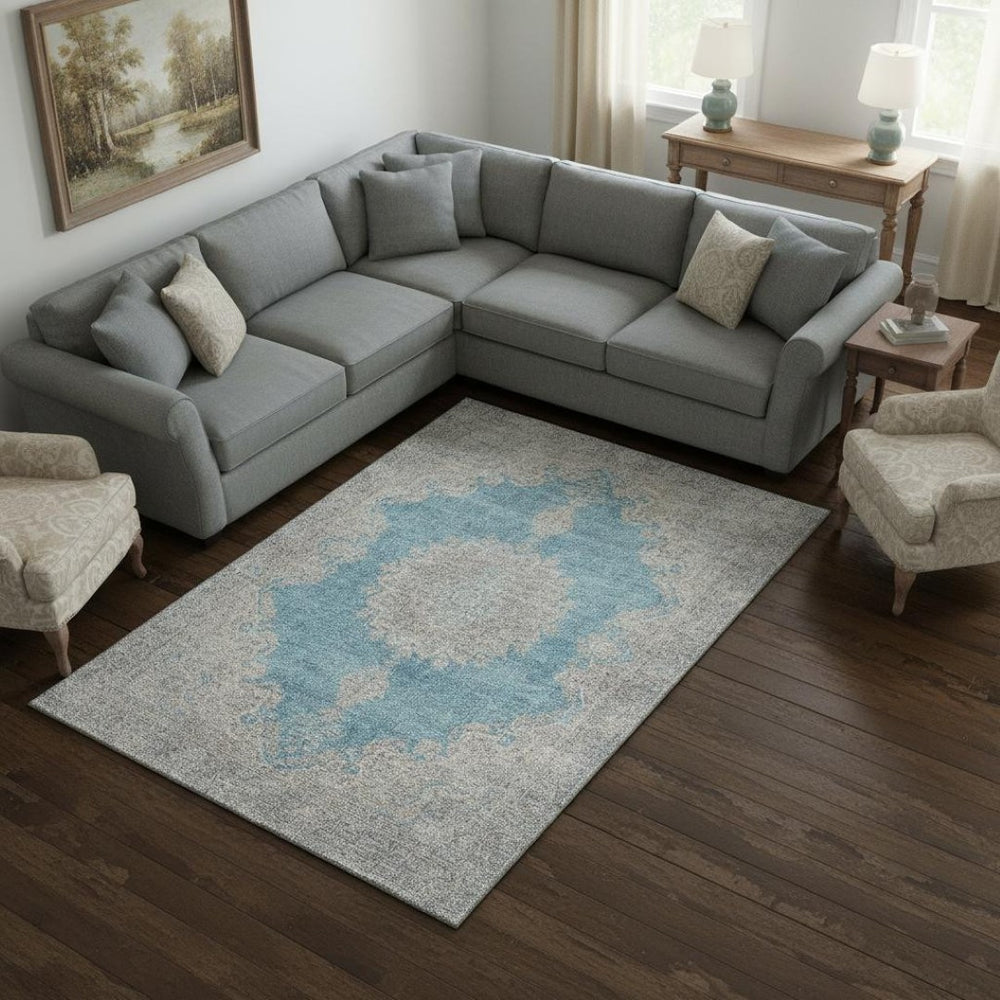 HomeRoots 10' Teal Aqua & Gray Oriental Area Rug - Washable, UV Protected, Stain Resistant, Perfect for Homes 678916
