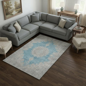 HomeRoots 10' Teal Aqua & Gray Oriental Area Rug - Washable, UV Protected, Stain Resistant, Perfect for Homes 678916