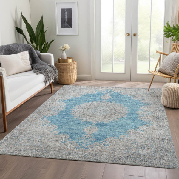 HomeRoots 10' Teal Aqua & Gray Oriental Area Rug - Washable, UV Protected, Stain Resistant, Perfect for Homes 678916