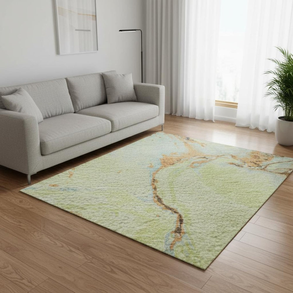 HomeRoots 5' X 8' Abstract Washable Area Rug in Artichoke Green, Copper & Teal – UV Protection & Easy Care! 678918