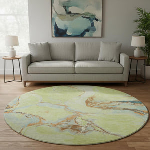 HomeRoots 8' Washable Round Rug in Artichoke Green, Copper & Teal - UV Protected, Stain-Resistant Design 678919