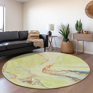 HomeRoots 8' Washable Round Rug in Artichoke Green, Copper & Teal - UV Protected, Stain-Resistant Design 678919