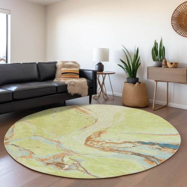 HomeRoots 8' Washable Round Rug in Artichoke Green, Copper & Teal - UV Protected, Stain-Resistant Design 678919