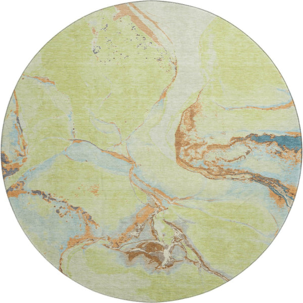 HomeRoots 8' Washable Round Rug in Artichoke Green, Copper & Teal - UV Protected, Stain-Resistant Design 678919