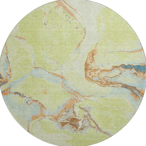 HomeRoots 8' Washable Round Rug in Artichoke Green, Copper & Teal - UV Protected, Stain-Resistant Design 678919