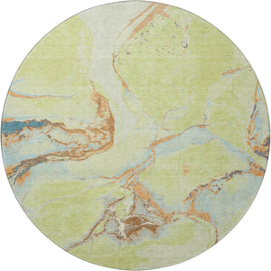 HomeRoots 8' Washable Round Rug in Artichoke Green, Copper & Teal - UV Protected, Stain-Resistant Design 678919