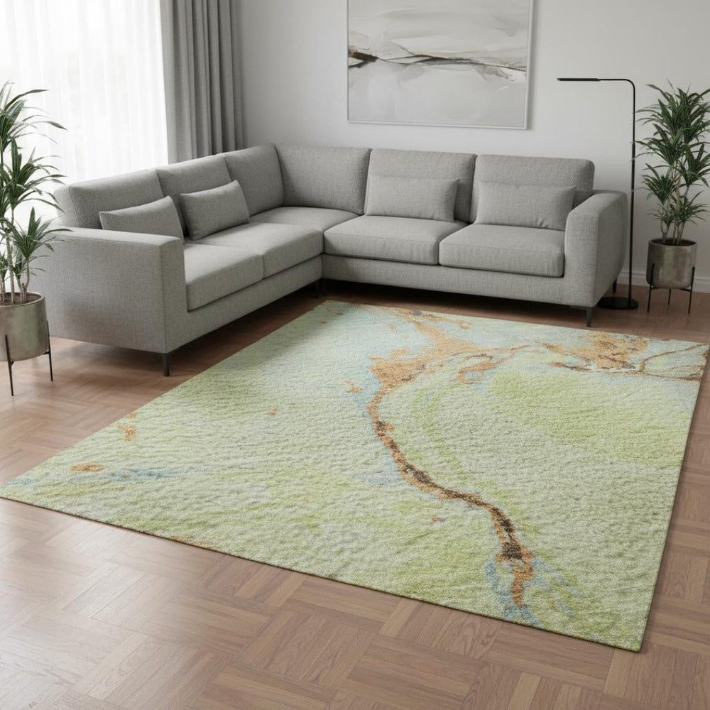 HomeRoots 8' X 10' Artichoke Green Copper & Teal Abstract Area Rug - Washable, UV Protected, Stain Resistant 678920