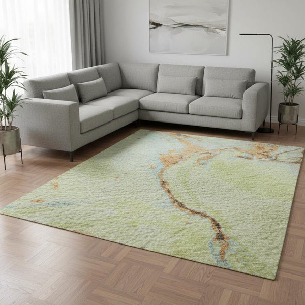 HomeRoots 8' X 10' Artichoke Green Copper & Teal Abstract Area Rug - Washable, UV Protected, Stain Resistant 678920