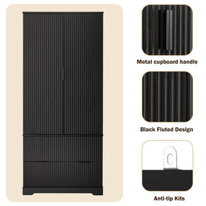 English Elm 72" Modern Fluted Pantry Cabinet with 2 Large Silent Drawers, 8-Door Spice Rack & Adjustable Shelf Organizer Black W2917P294988