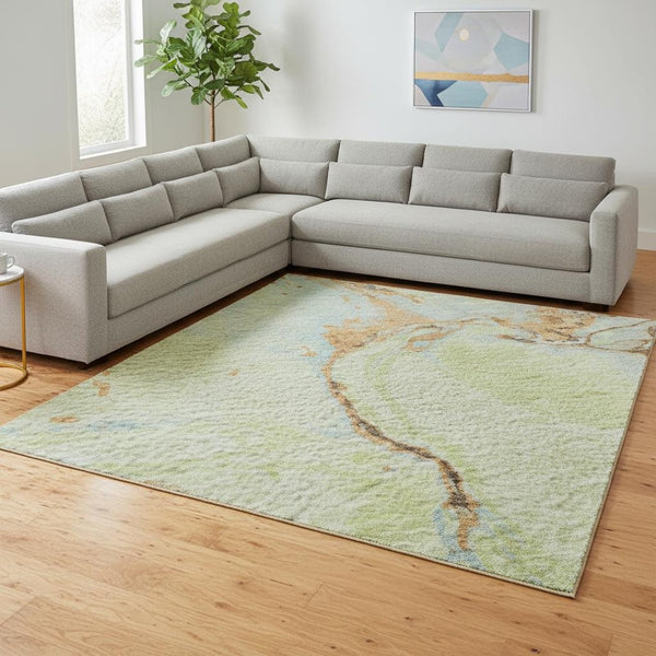 HomeRoots 9' x 12' Artichoke Green & Copper Abstract Washable Area Rug with UV Protection & Durability 678921