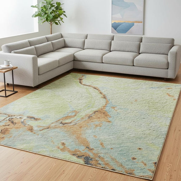HomeRoots 10' X 14' Artichoke Green Copper Teal Washable Area Rug - Durable, Stylish, UV Protected for Homes 678922
