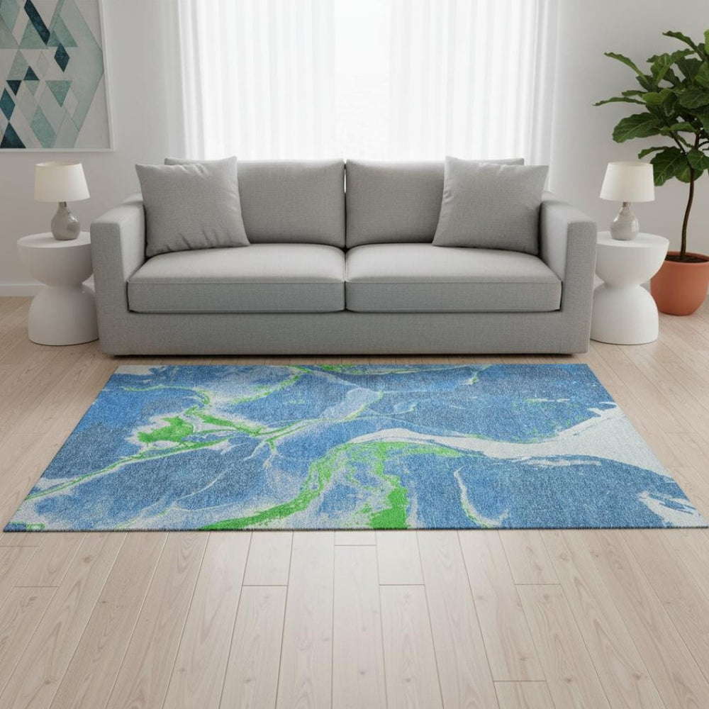 HomeRoots 5' X 8' Washable Abstract Area Rug in Denim Blue, Lime Green, and Ivory – UV Protected & Stain Resistant 678924