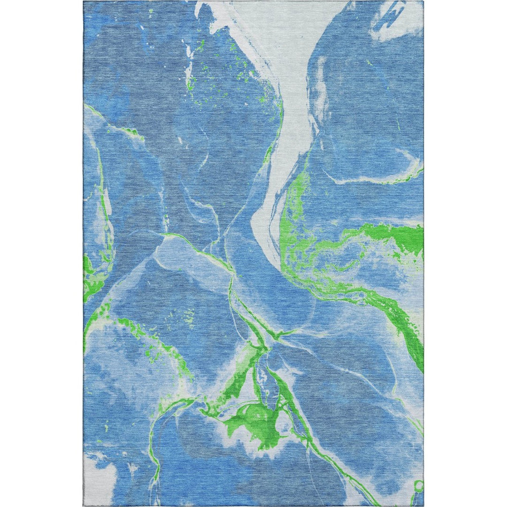 HomeRoots 5' X 8' Washable Abstract Area Rug in Denim Blue, Lime Green, and Ivory – UV Protected & Stain Resistant 678924