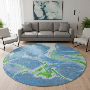 HomeRoots 8' Denim Blue Lime Green Ivory Abstract Washable Round Rug - Stylish, UV-Protected & Easy-Clean Design 678925