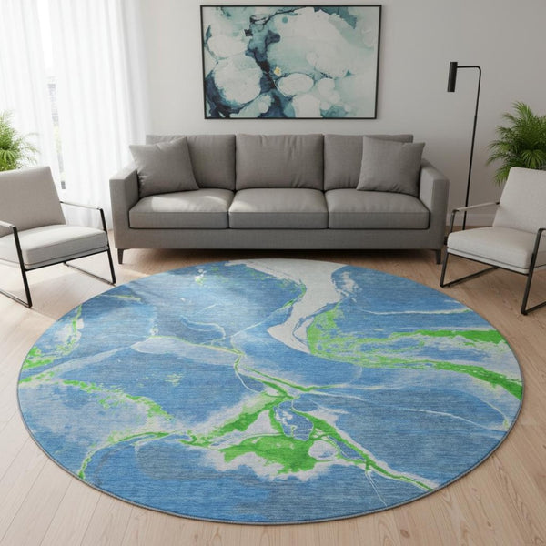 HomeRoots 8' Denim Blue Lime Green Ivory Abstract Washable Round Rug - Stylish, UV-Protected & Easy-Clean Design 678925