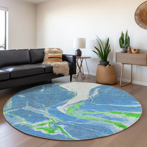 HomeRoots 8' Denim Blue Lime Green Ivory Abstract Washable Round Rug - Stylish, UV-Protected & Easy-Clean Design 678925