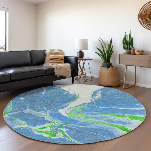 HomeRoots 8' Denim Blue Lime Green Ivory Abstract Washable Round Rug - Stylish, UV-Protected & Easy-Clean Design 678925