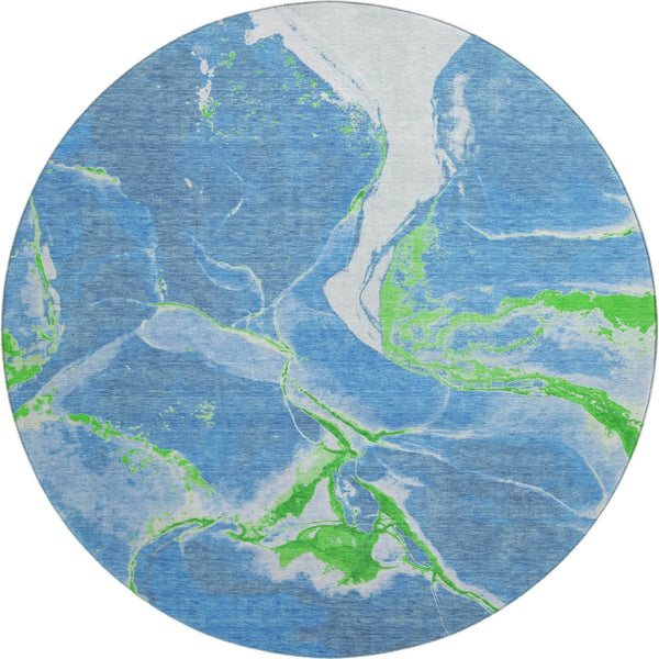 HomeRoots 8' Denim Blue Lime Green Ivory Abstract Washable Round Rug - Stylish, UV-Protected & Easy-Clean Design 678925