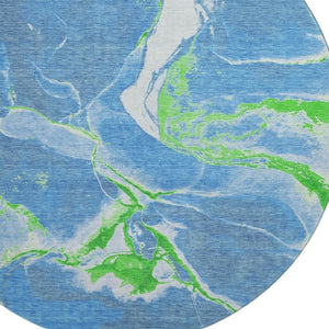 HomeRoots 8' Denim Blue Lime Green Ivory Abstract Washable Round Rug - Stylish, UV-Protected & Easy-Clean Design 678925