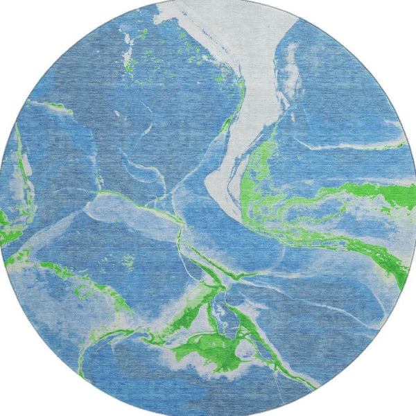 HomeRoots 8' Denim Blue Lime Green Ivory Abstract Washable Round Rug - Stylish, UV-Protected & Easy-Clean Design 678925