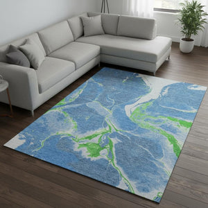 HomeRoots 8' X 10' Abstract Washable Area Rug in Denim Blue, Lime Green & Ivory - Stylish UV Protected Design 678926