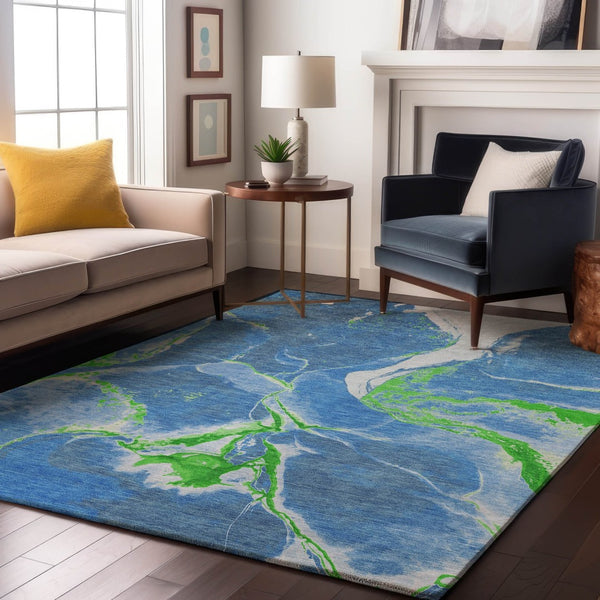 HomeRoots 8' X 10' Abstract Washable Area Rug in Denim Blue, Lime Green & Ivory - Stylish UV Protected Design 678926