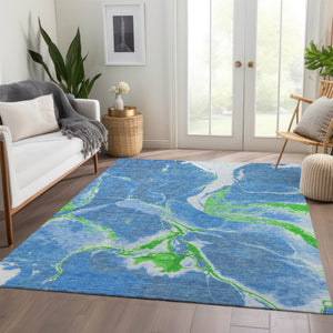 HomeRoots 8' X 10' Abstract Washable Area Rug in Denim Blue, Lime Green & Ivory - Stylish UV Protected Design 678926