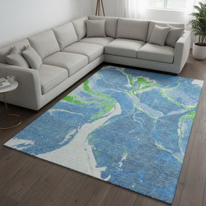 HomeRoots 9' X 12' Stylish Denim Blue, Lime Green & Ivory Abstract Washable Area Rug with UV Protection 678927