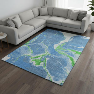 HomeRoots 10' X 14' Vibrant Denim Blue, Lime Green & Ivory Abstract Area Rug - Durable, Washable & UV Protected! 678928